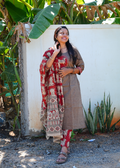 SC405 – Brown Ethnic Print Kurti Set with Dupatta