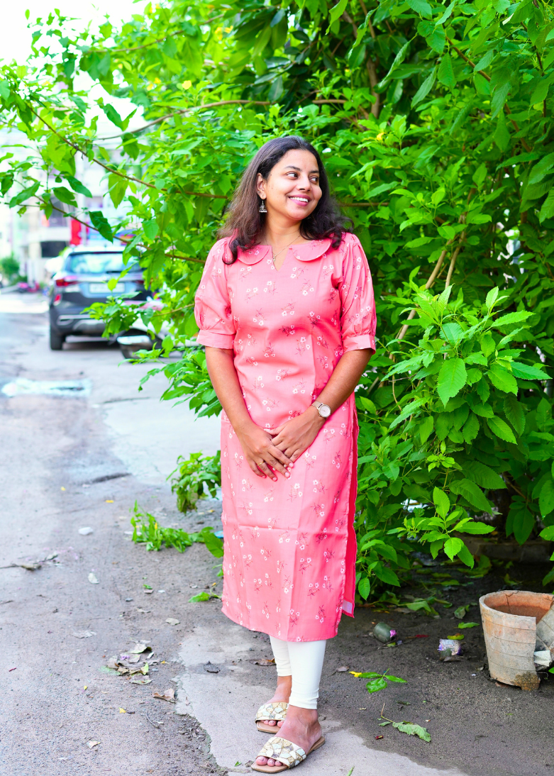 SC211– Coral Pink Printed Casual Kurti