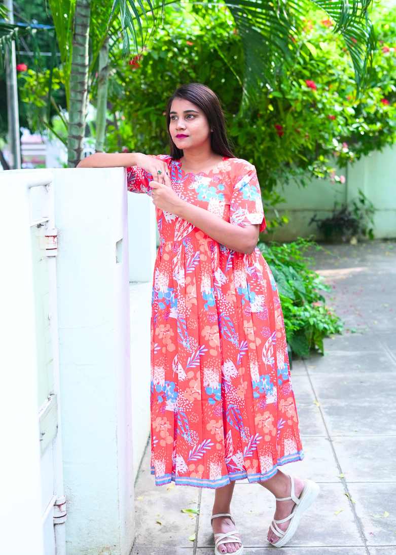 SC202 – Red Floral Print Midi Dress