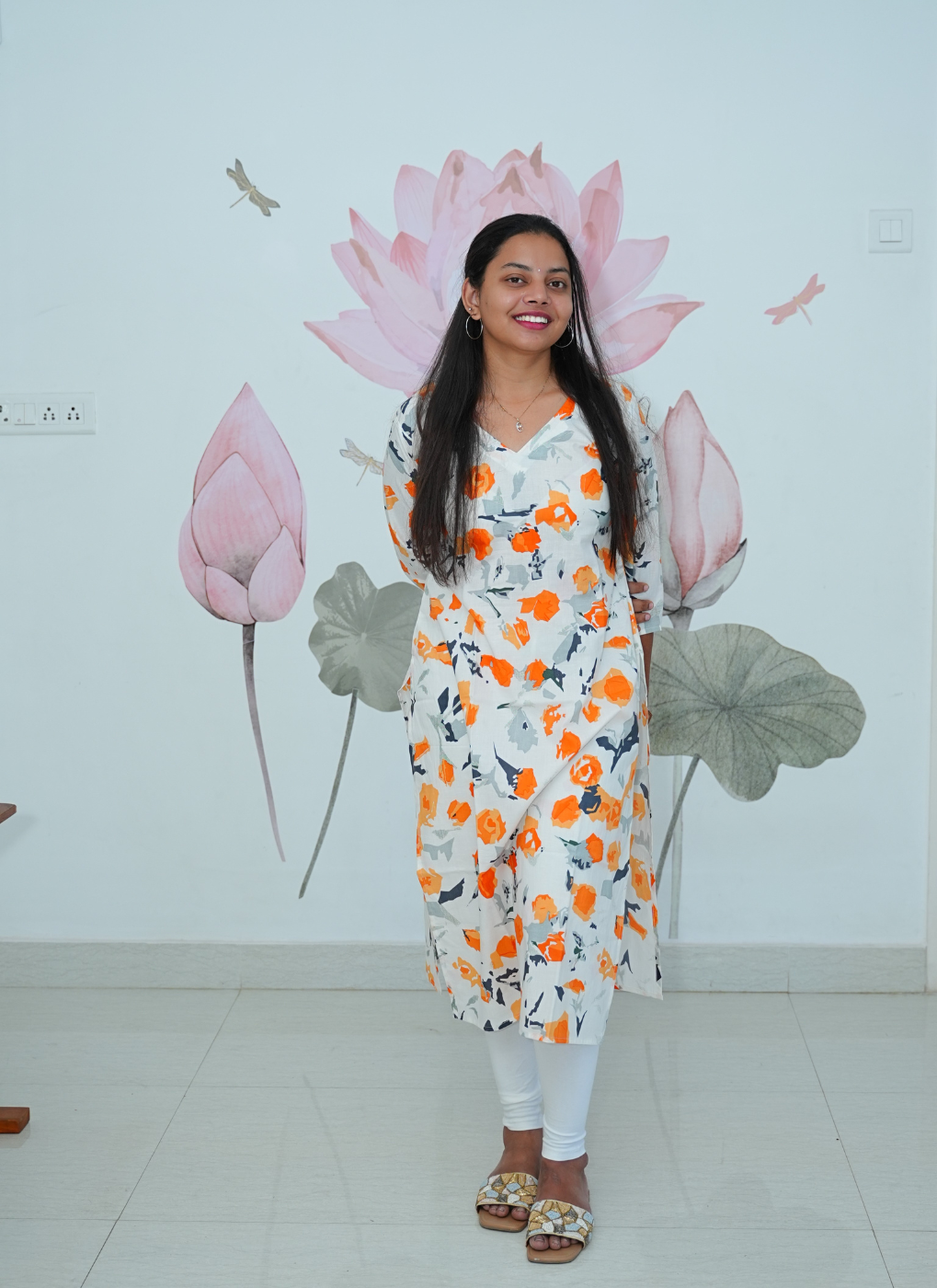 SC306 – White Orange Floral Linen Casual Kurti