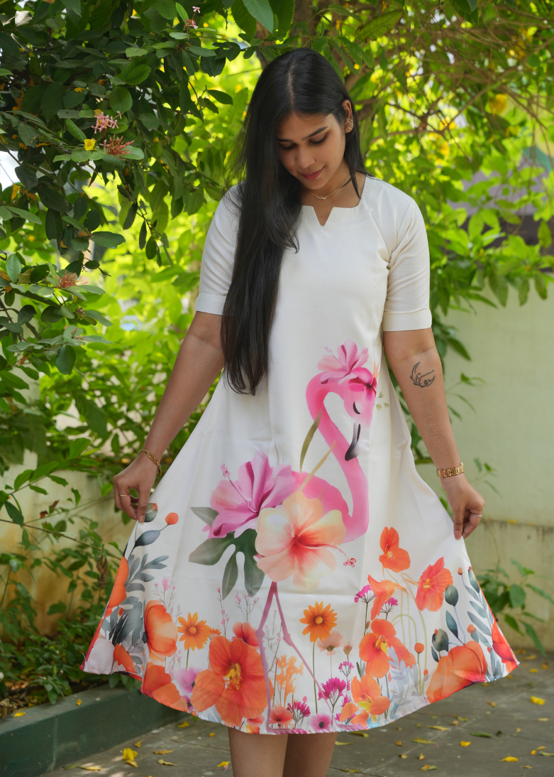 SC106 – White Flamingo Floral Printed A-Line Dress
