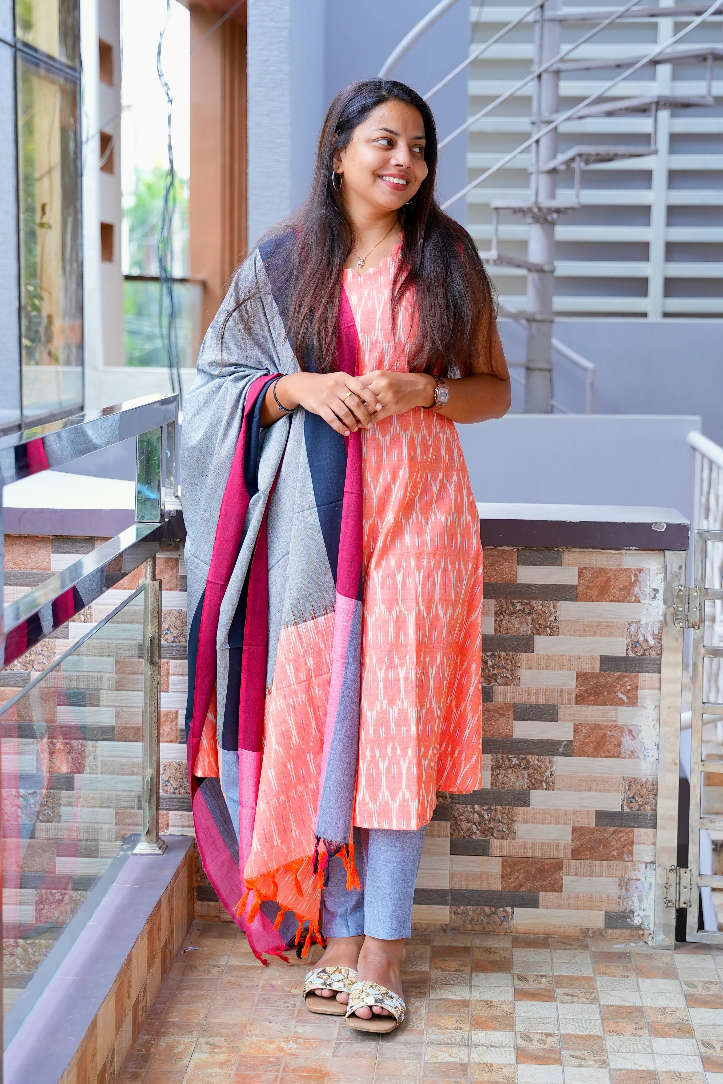 SC408 – Coral Orange Handloom Cotton Set