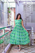 SC208 – Green Floral Printed Cotton Frock