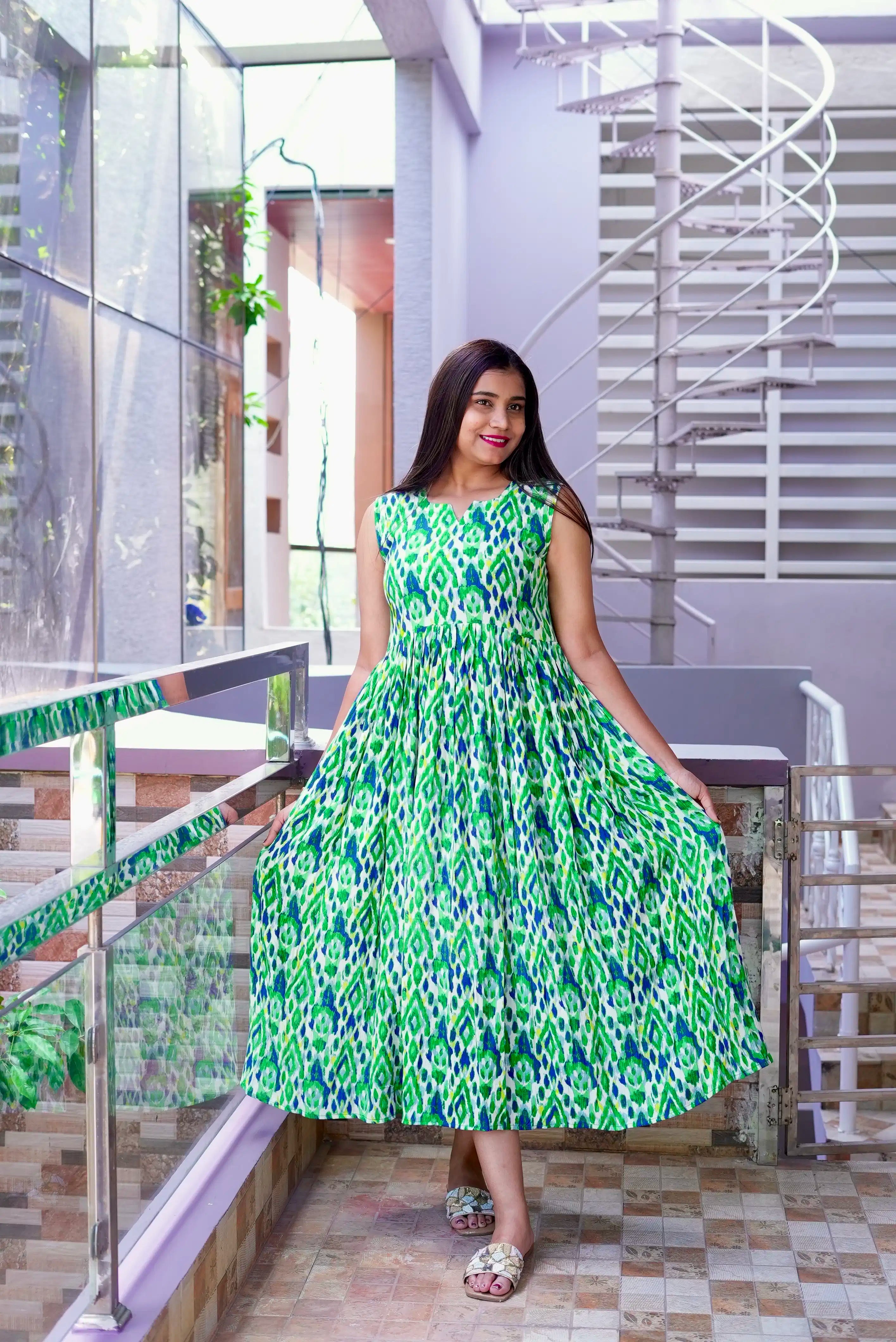 SC208 – Green Floral Printed Cotton Frock