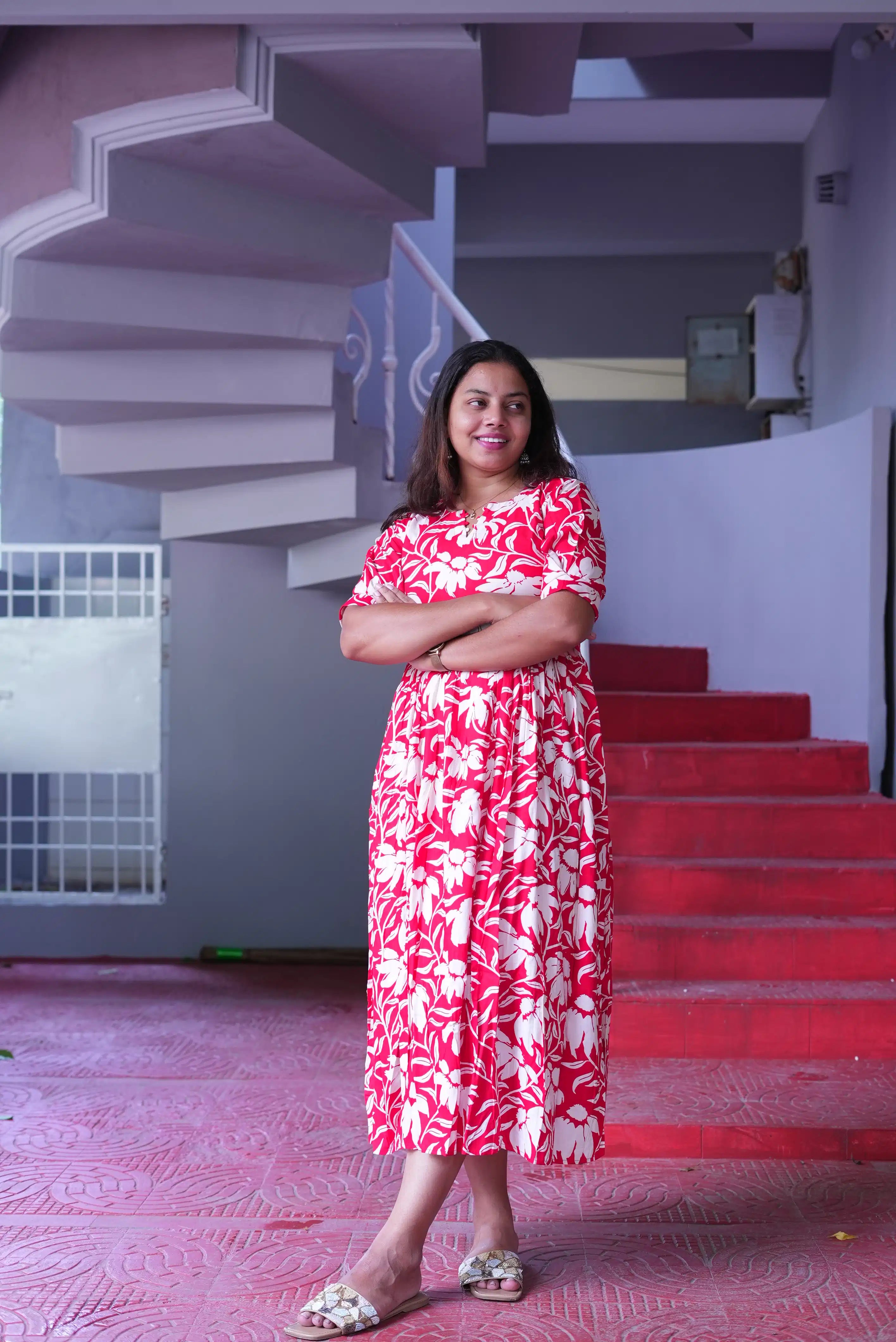 SC213 – Red Printed Cotton Casual Frock