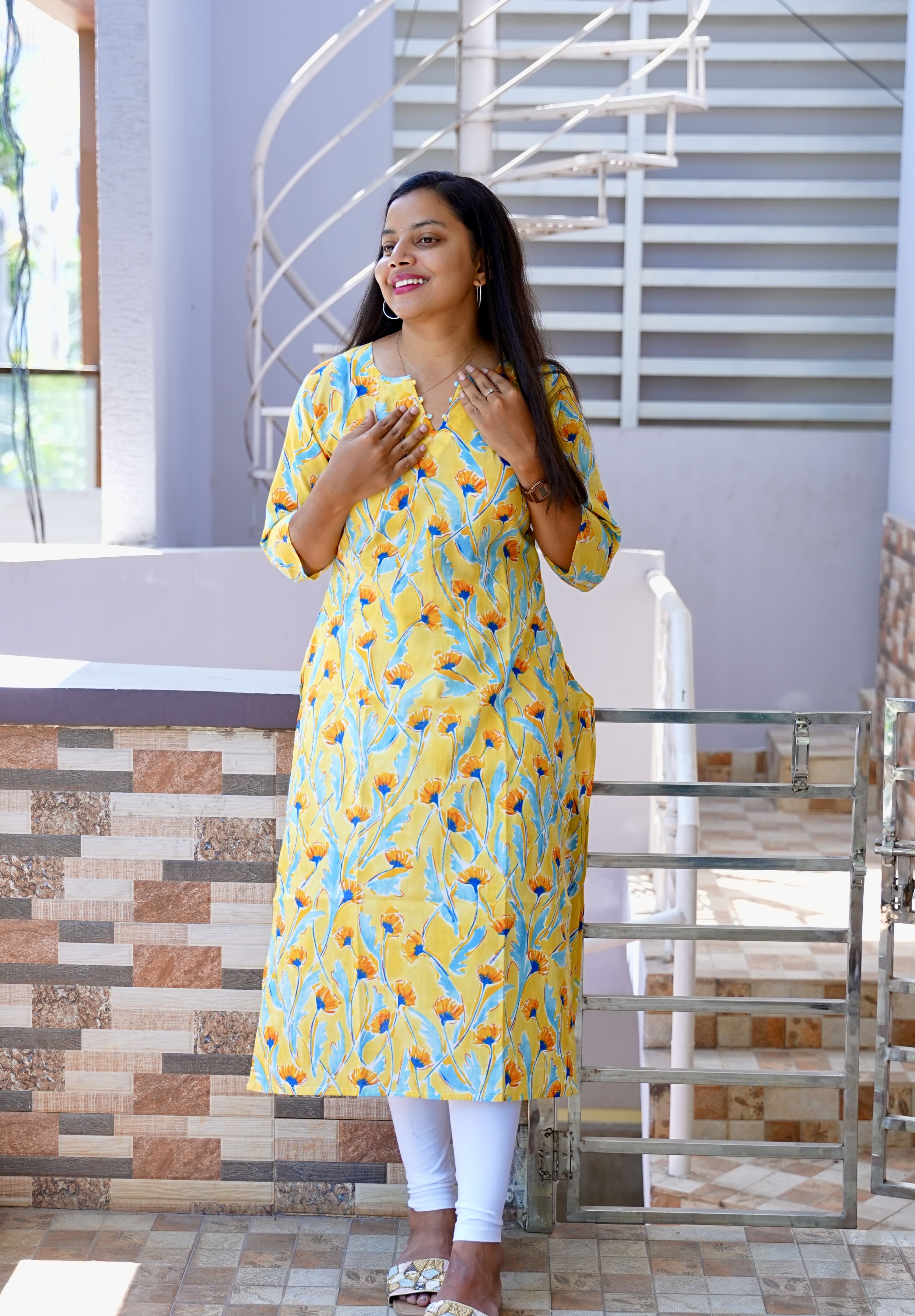 SC303 – Mustard Yellow Floral Linen Casual Kurti