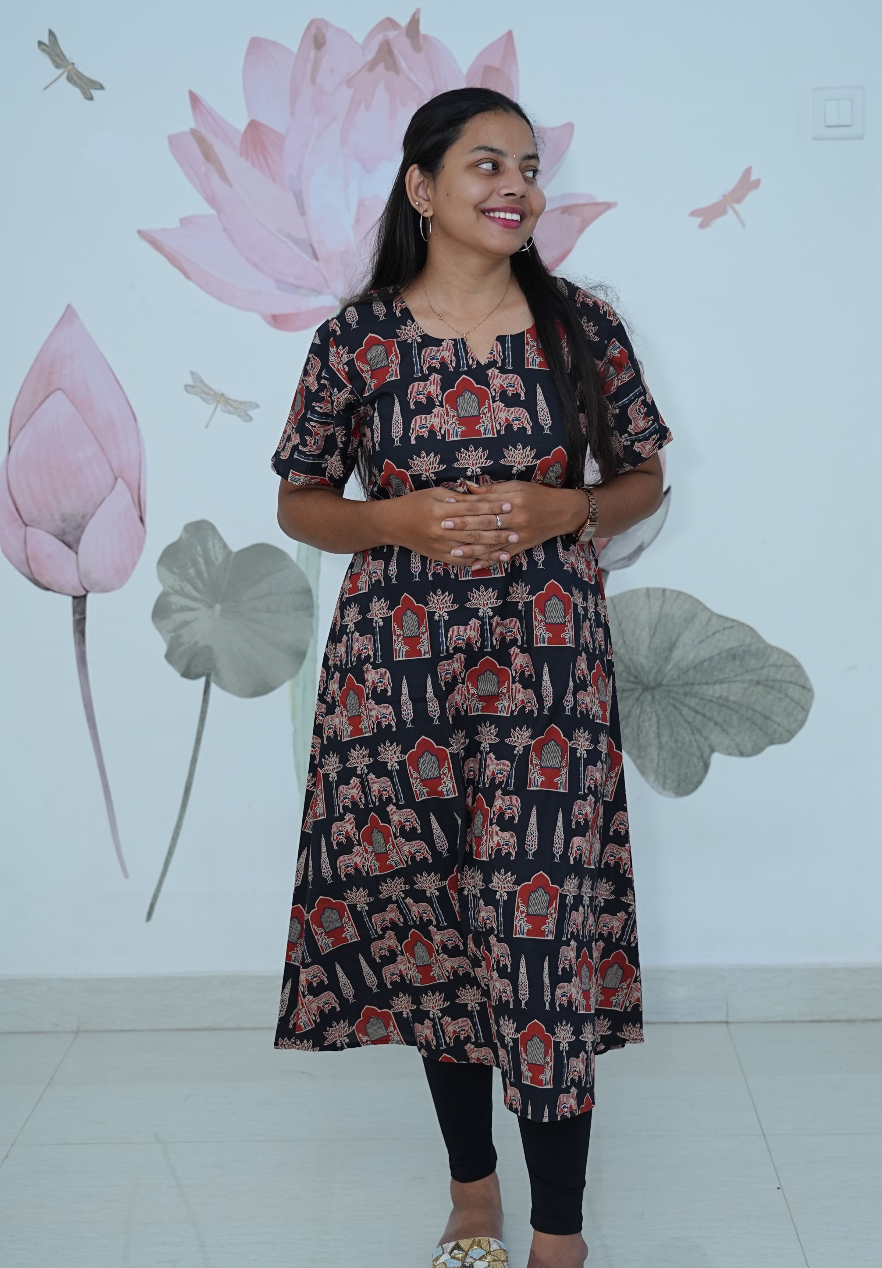 SC305 – Black Ethnic Print Linen Casual Kurti