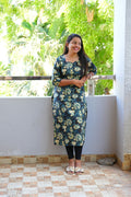 SC301 – Forest Green Floral Linen Casual Kurti