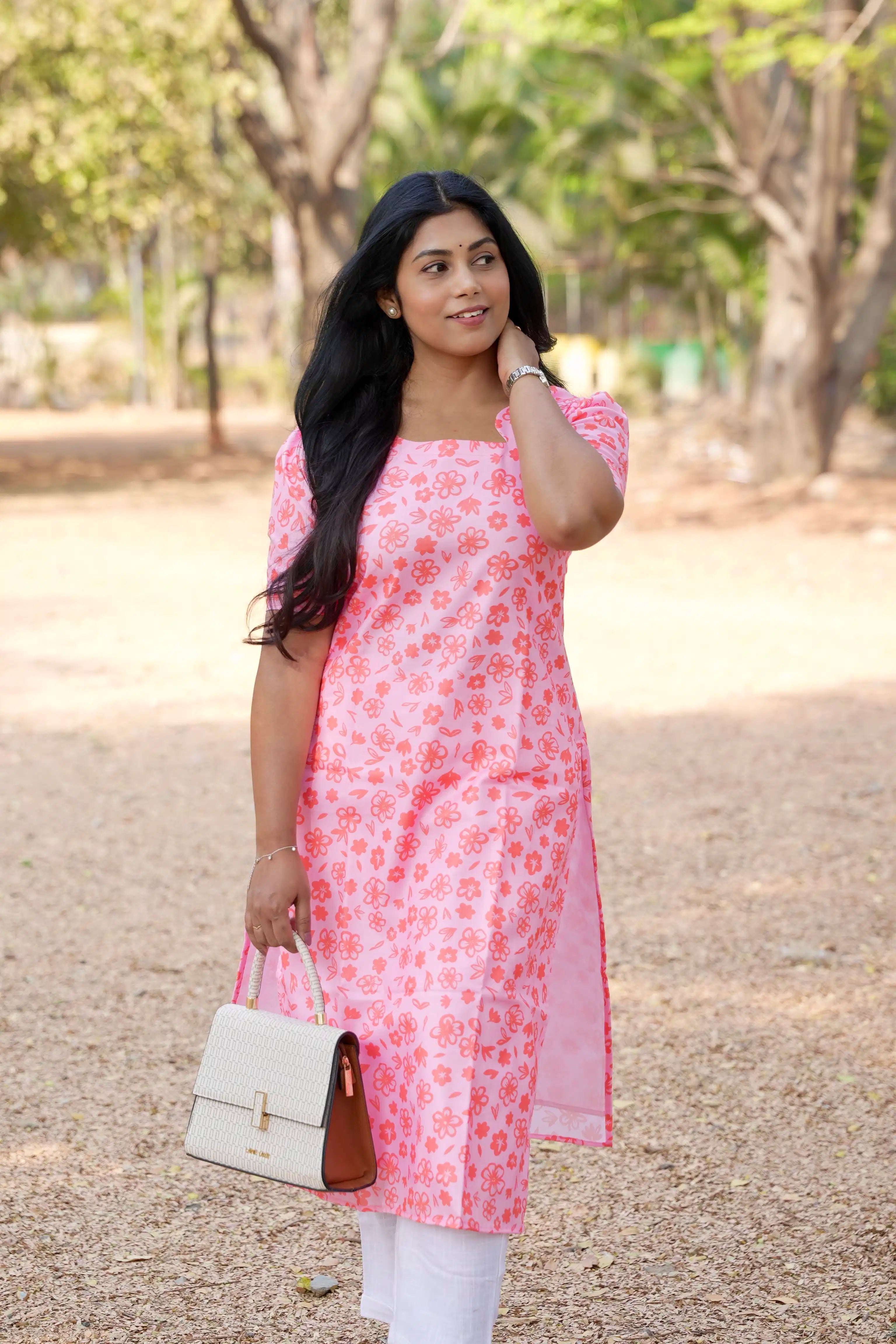 SC116 – Peach Floral Printed Linen Dress