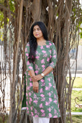 SC114 – Green Floral Printed Linen Dress