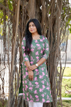 SC208 – Green Floral Printed Linen Dress