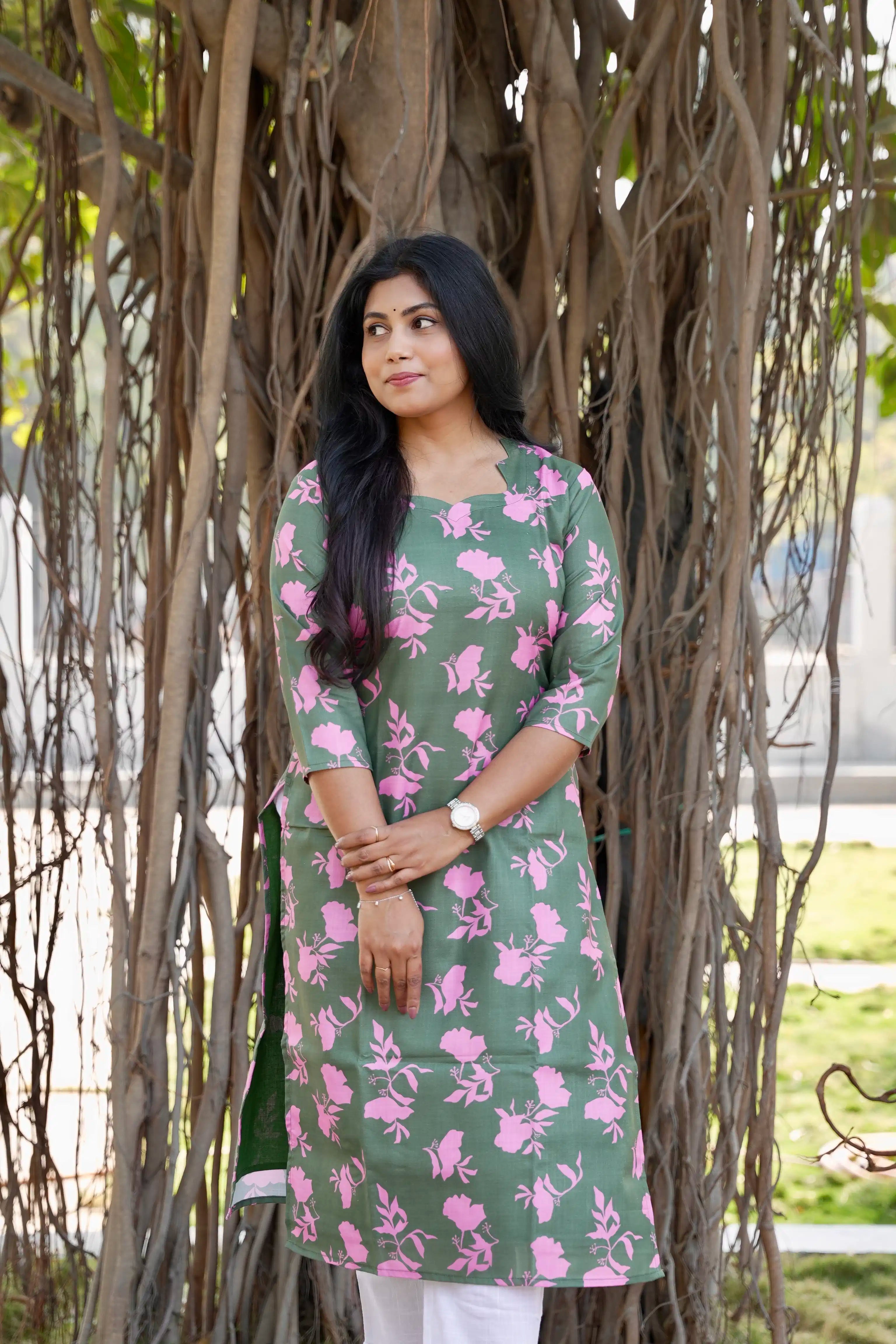 SC114 – Green Floral Printed Linen Dress