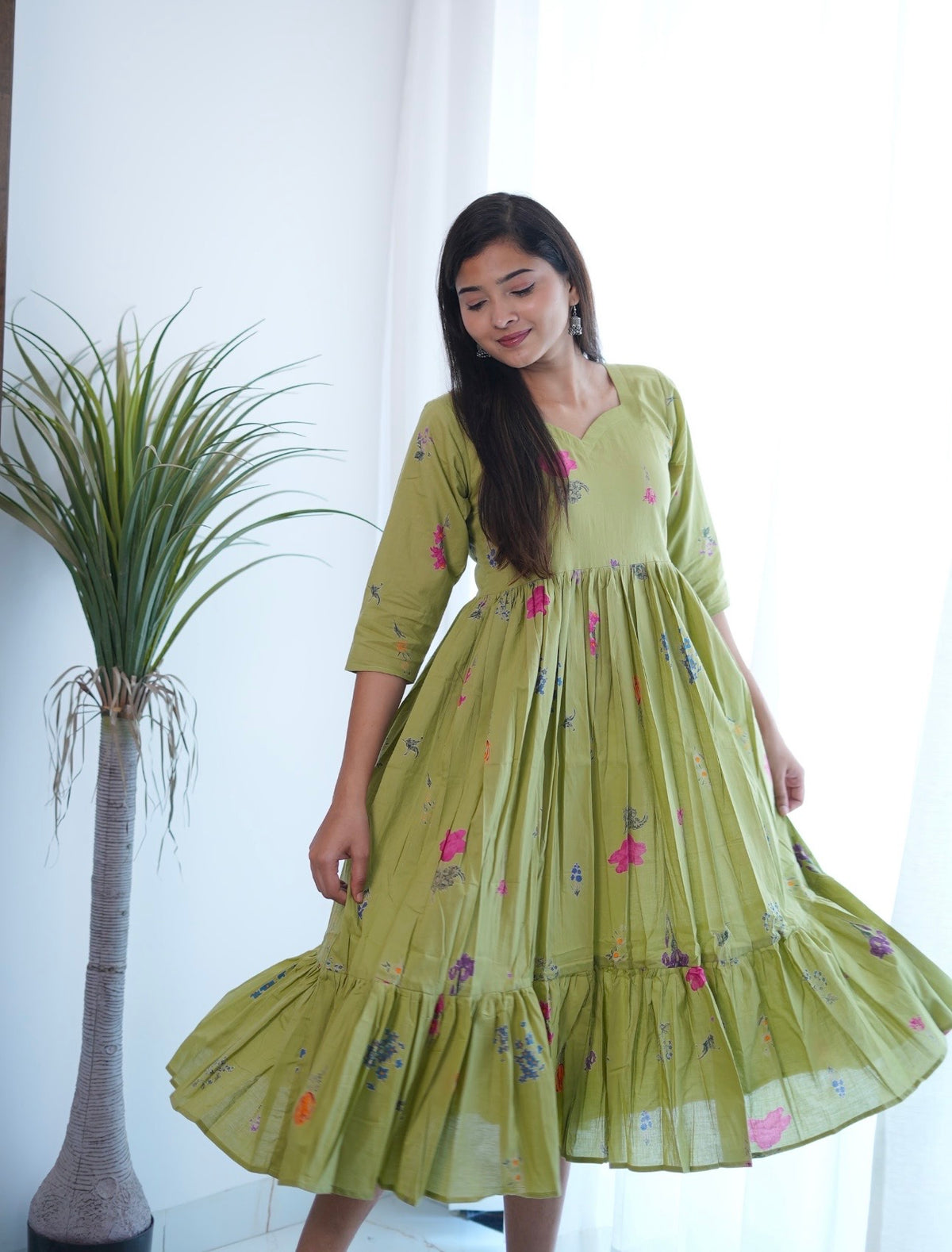 SC105- Green floral Printed frock