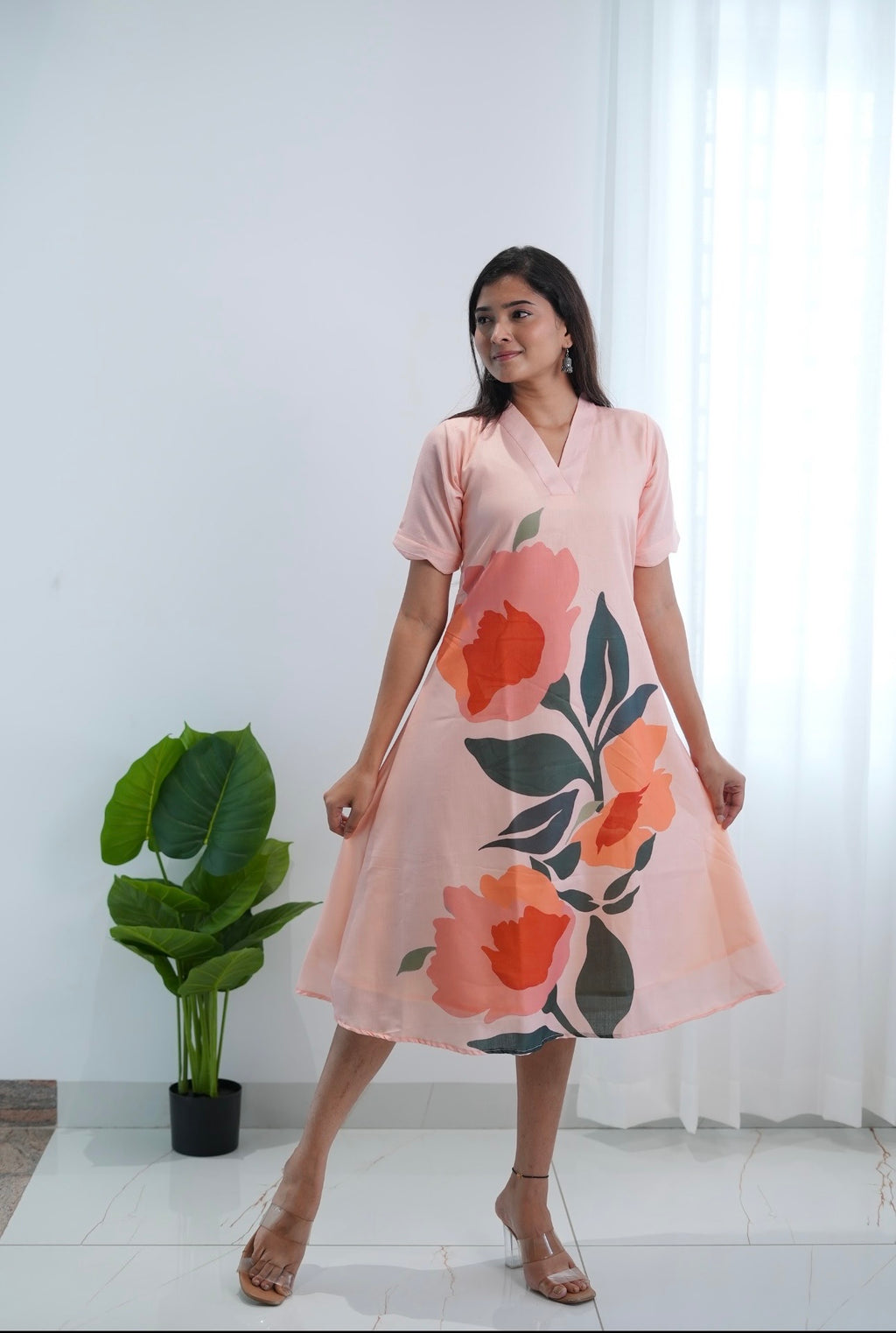SC309- peach floral linen frock