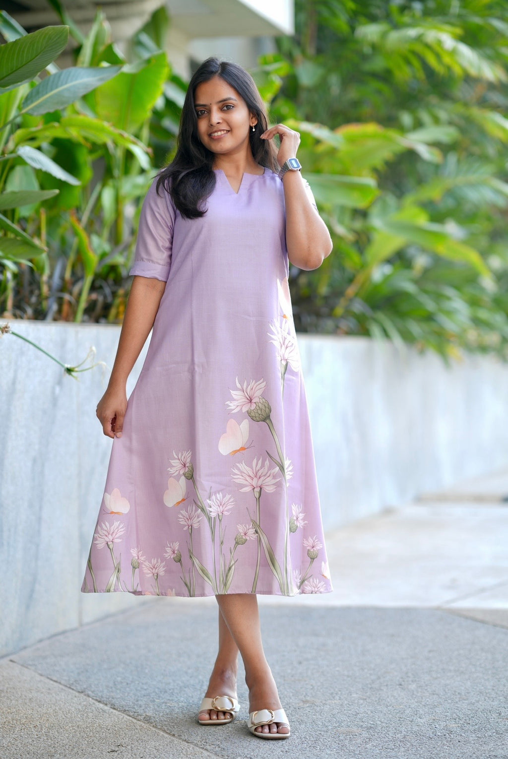 SC302- Violet floral Linen Casual frock
