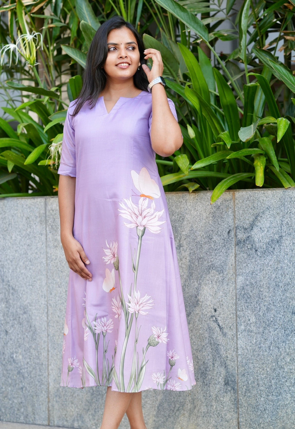 SC302- Violet floral Linen Casual frock