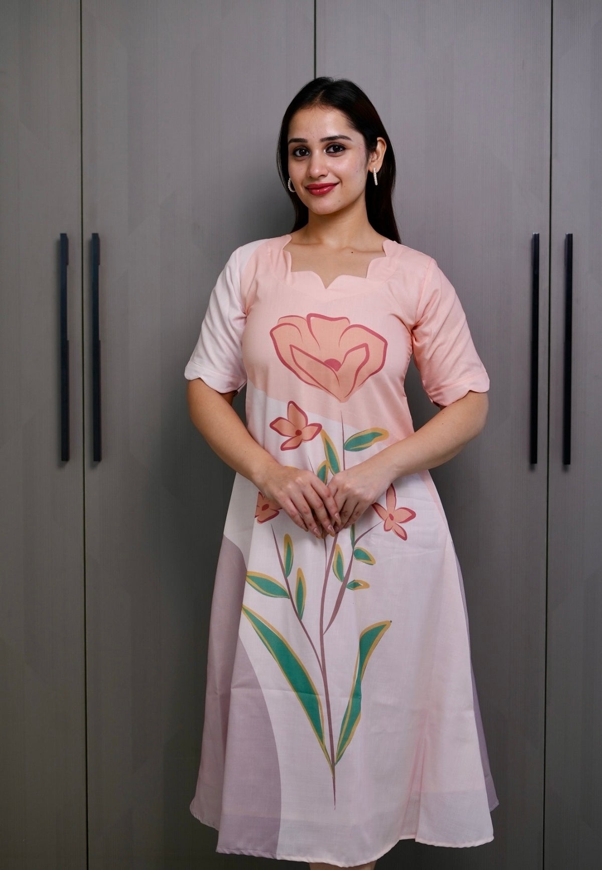 SC310- peach big floral linen frock