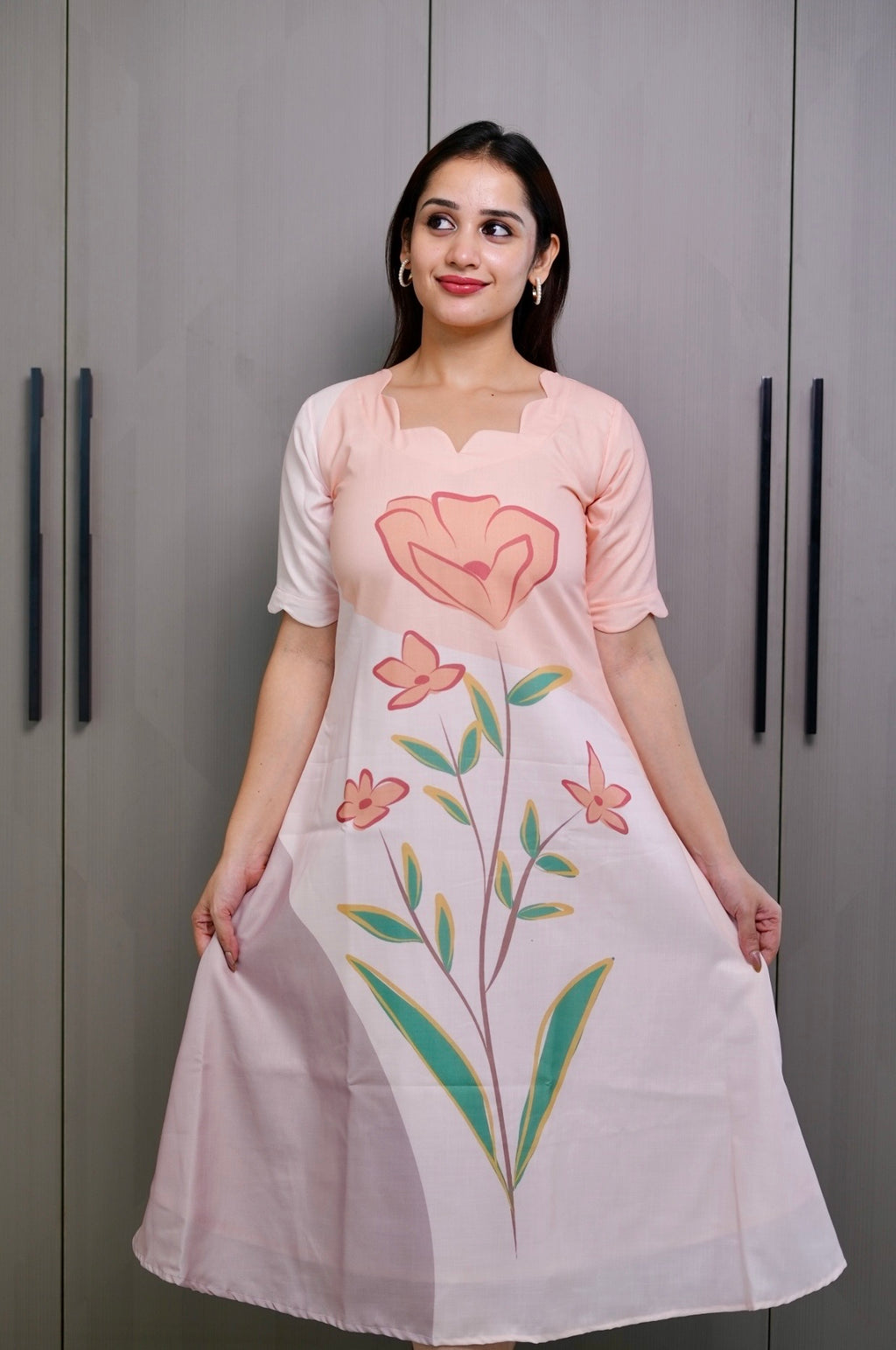 SC310- peach big floral linen frock