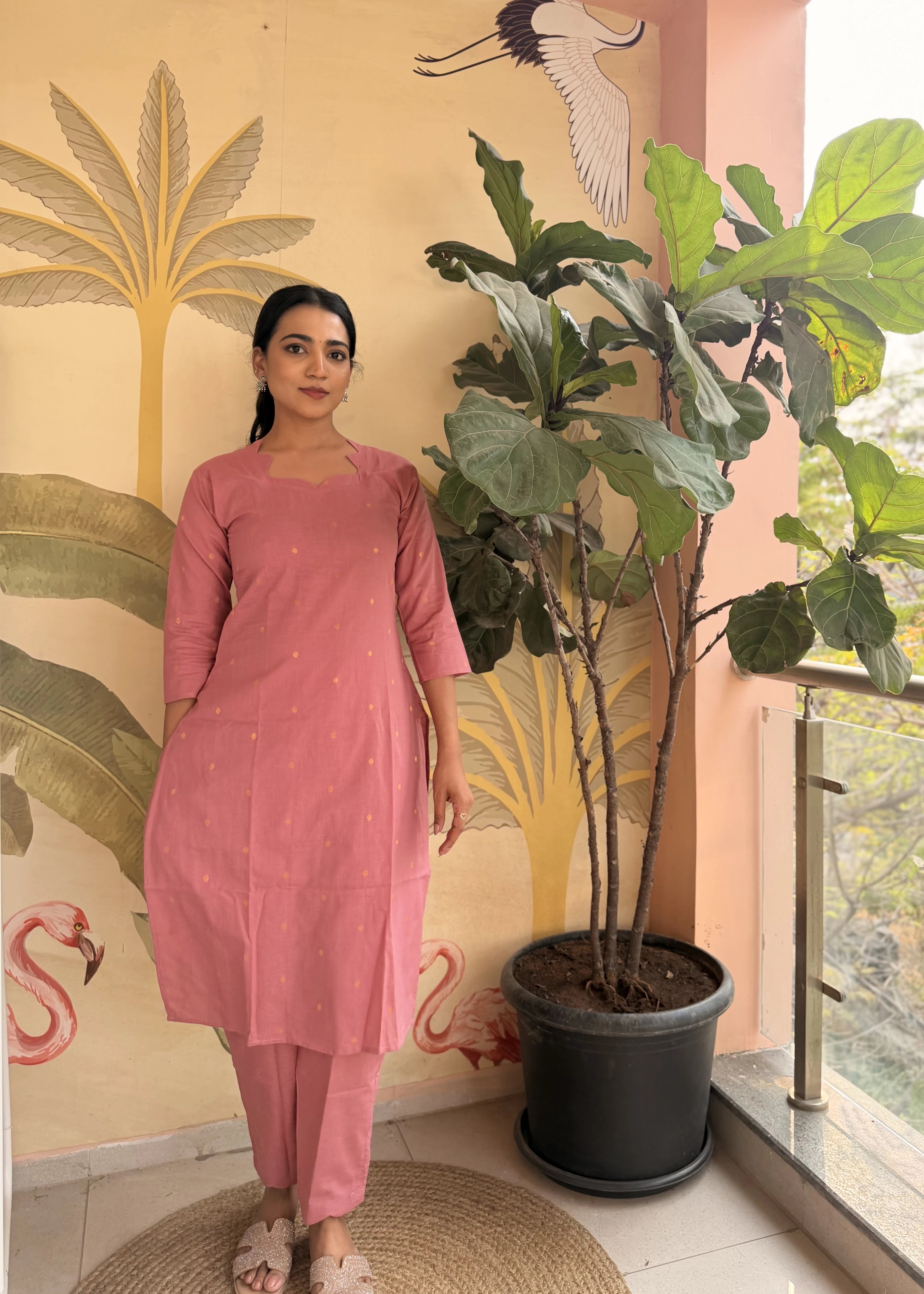 SC508 – Rose Pink Solid Linen Casual Kurti Set
