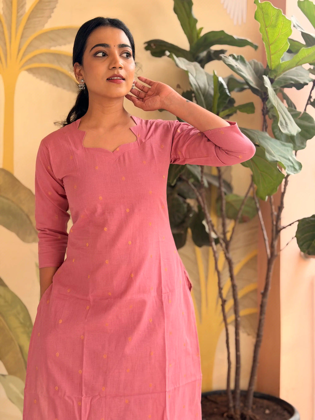 SC508 – Rose Pink Solid Linen Casual Kurti Set