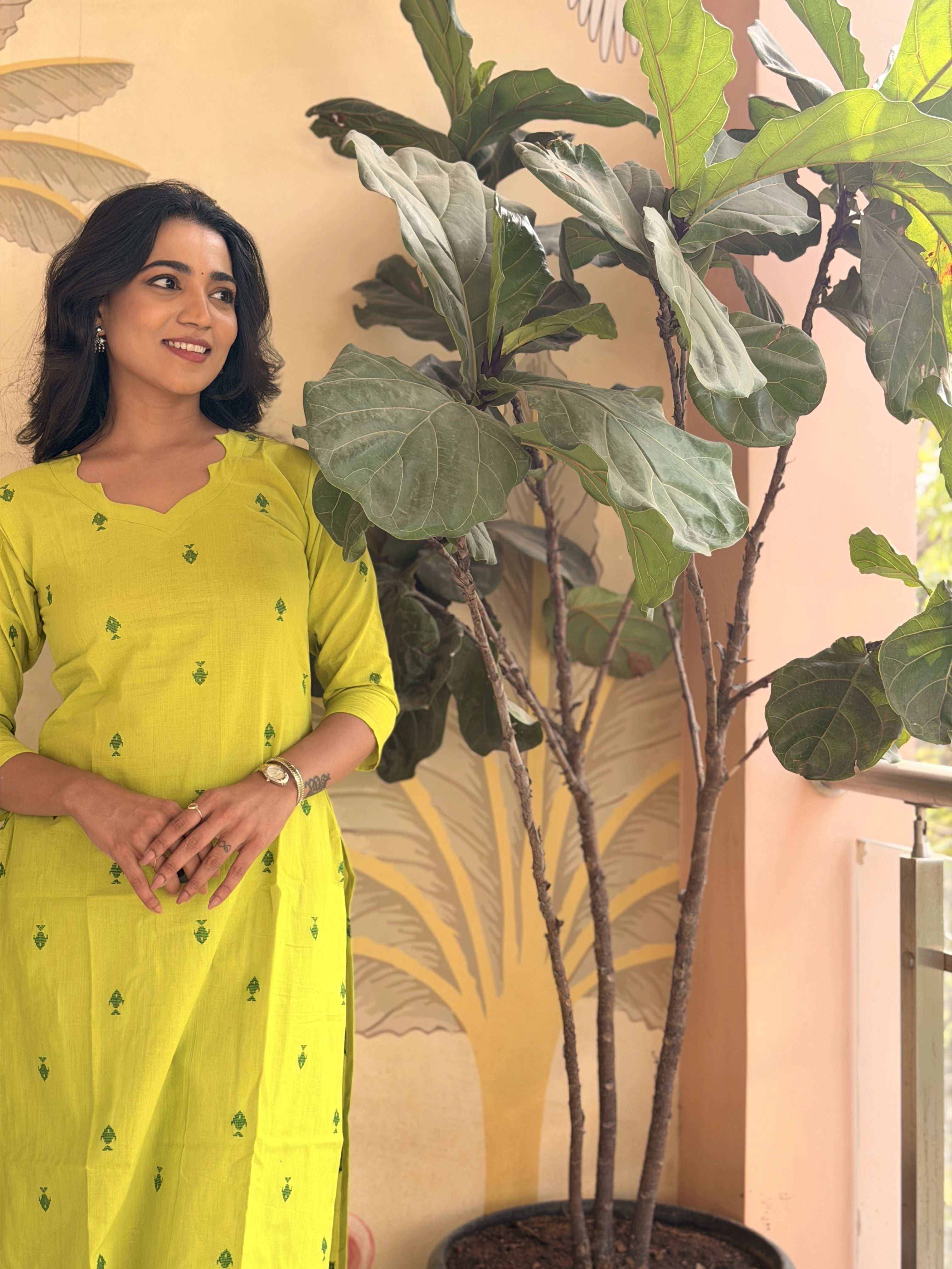 SC509 – Lime Yellow Embroidered Linen Casual Kurti Set