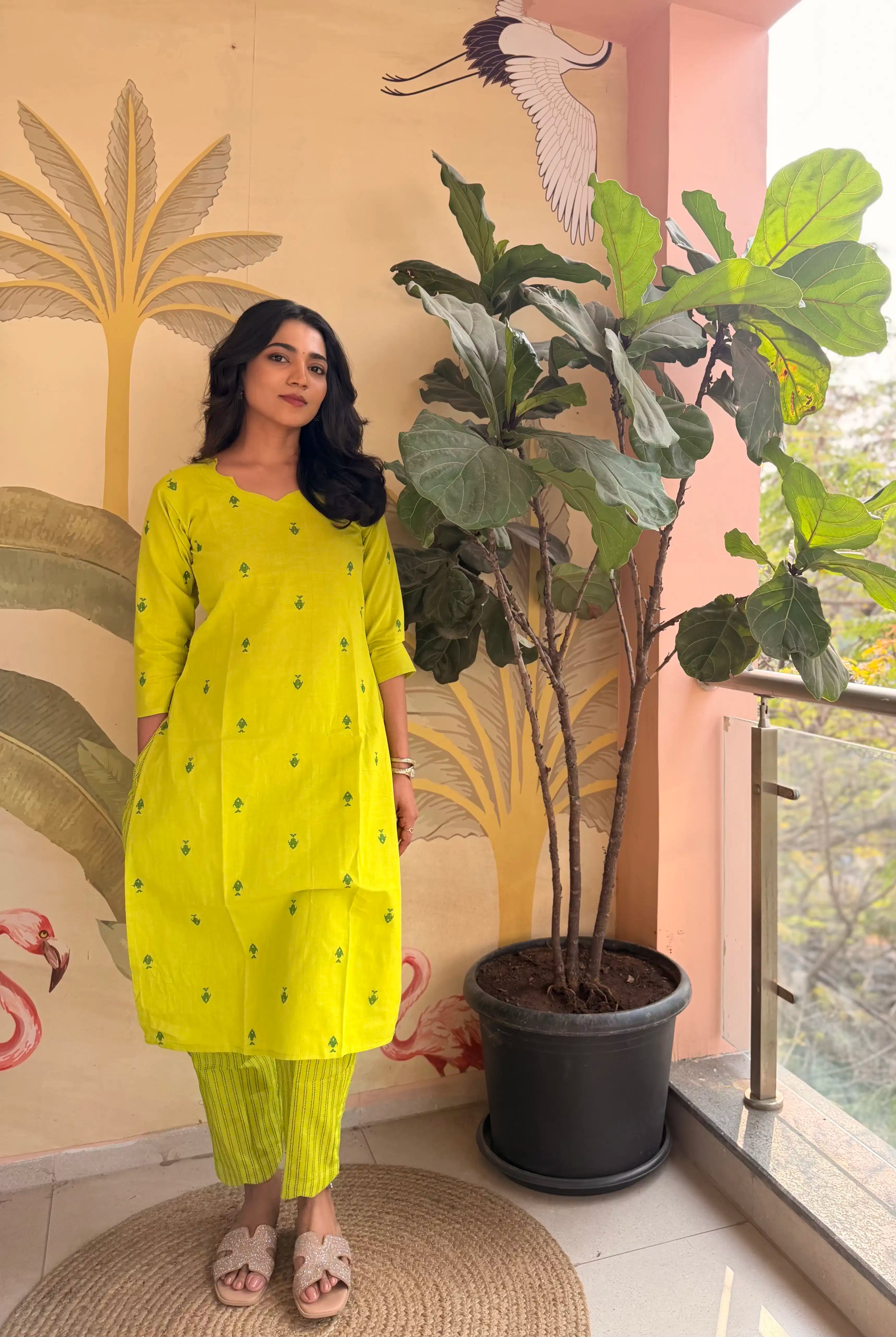 SC509 – Lime Yellow Embroidered Linen Casual Kurti Set