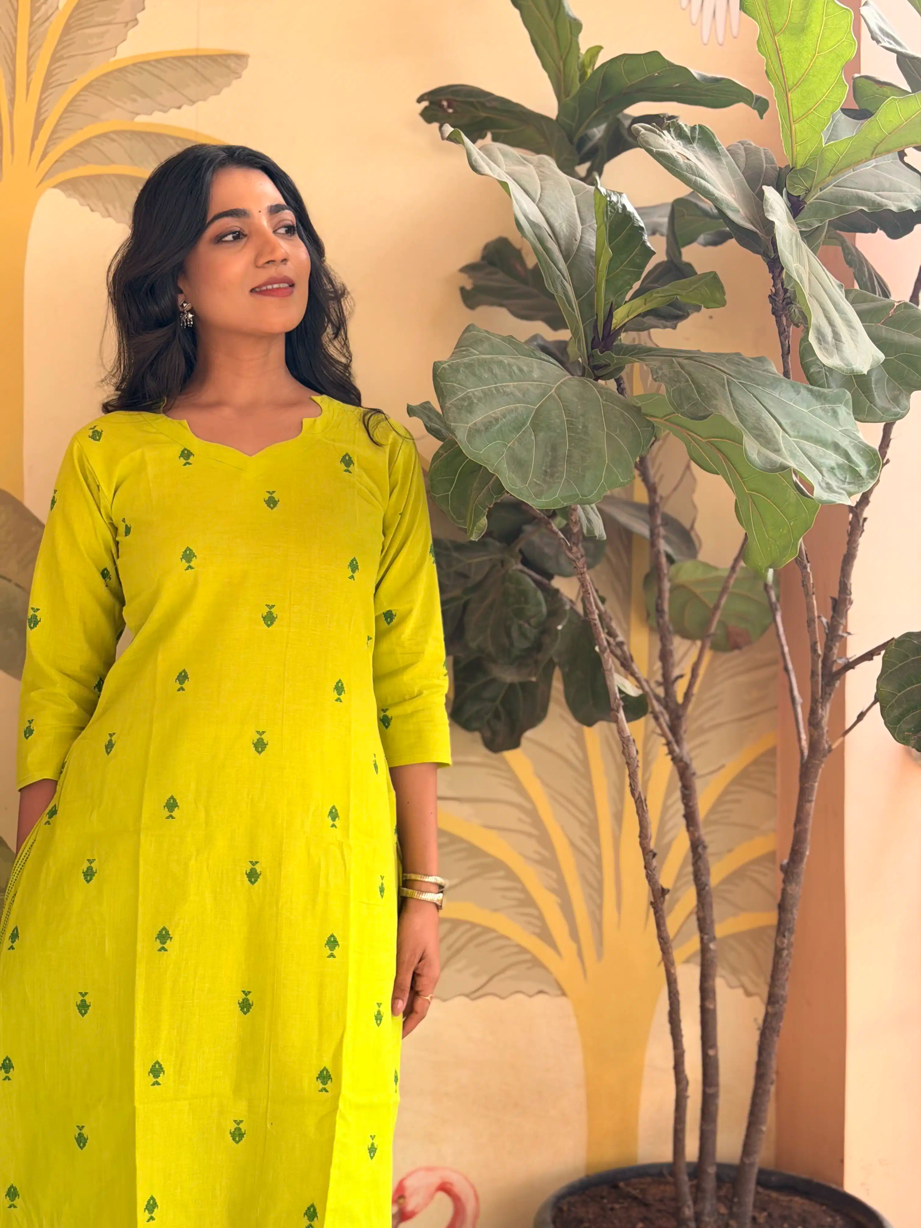 SC509 – Lime Yellow Embroidered Linen Casual Kurti Set
