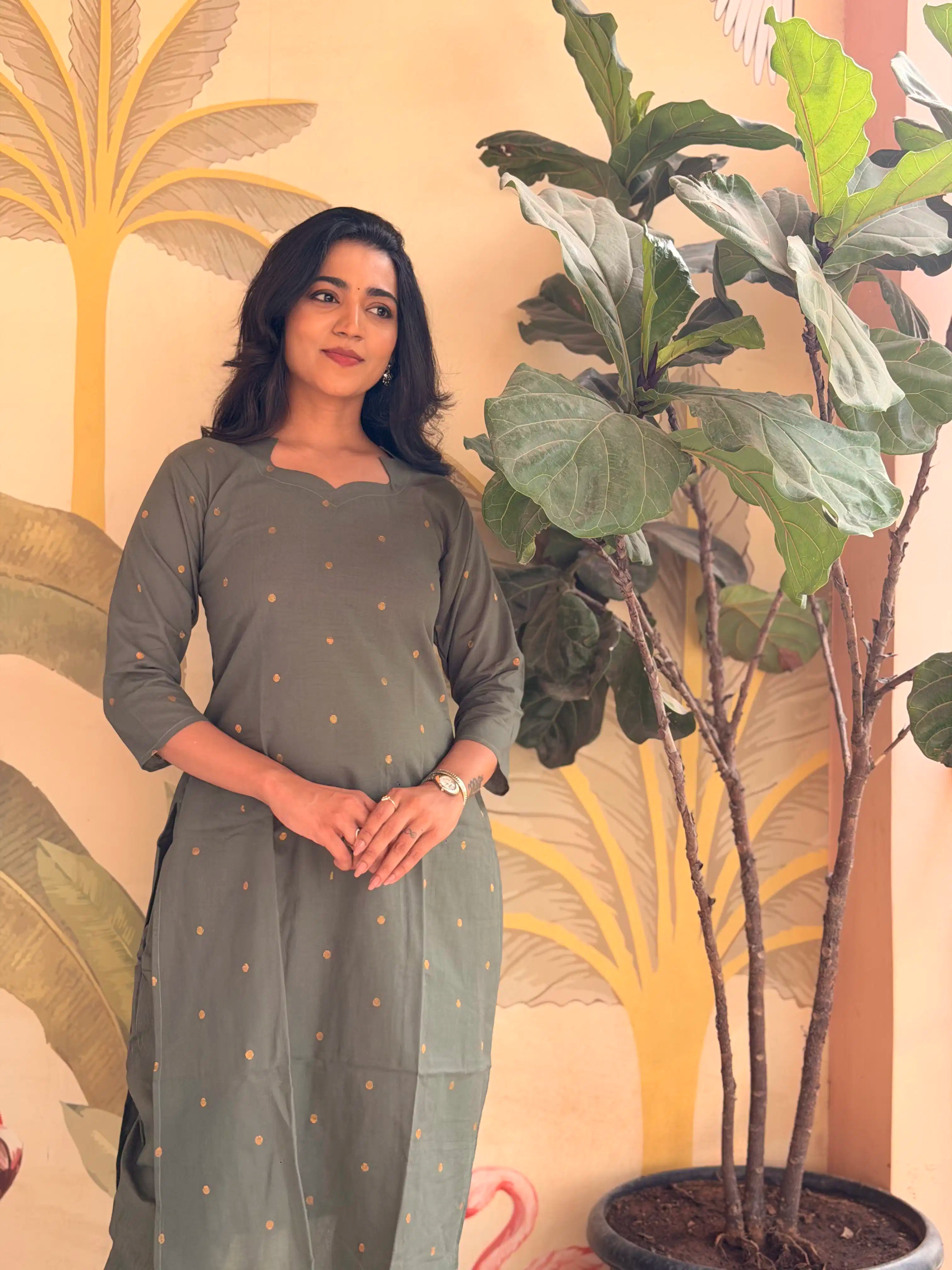 SC510 – Olive Green Embroidered Linen Casual Kurti Set