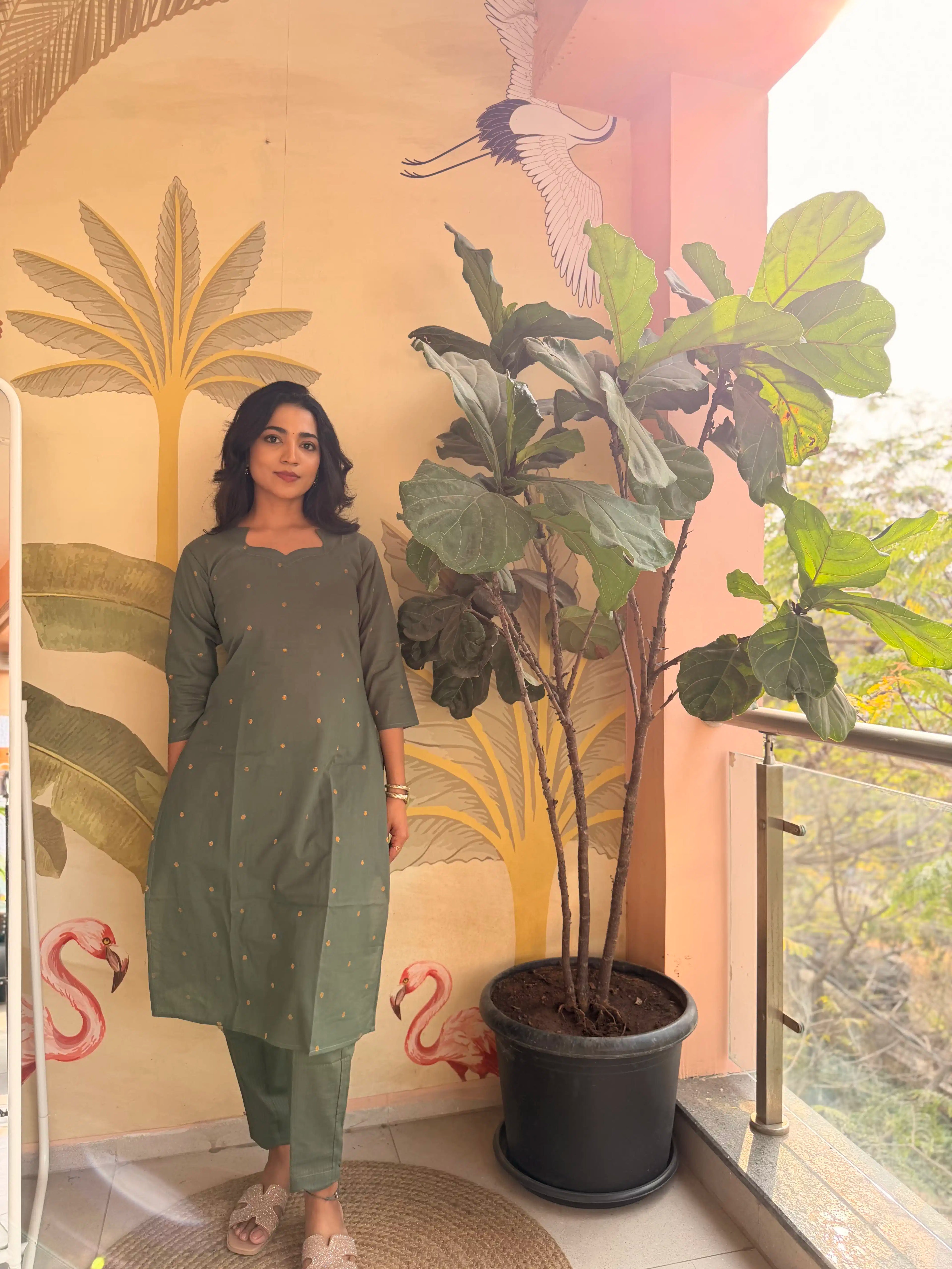 SC510 – Olive Green Embroidered Linen Casual Kurti Set