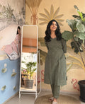 SC510 – Olive Green Embroidered Linen Casual Kurti Set