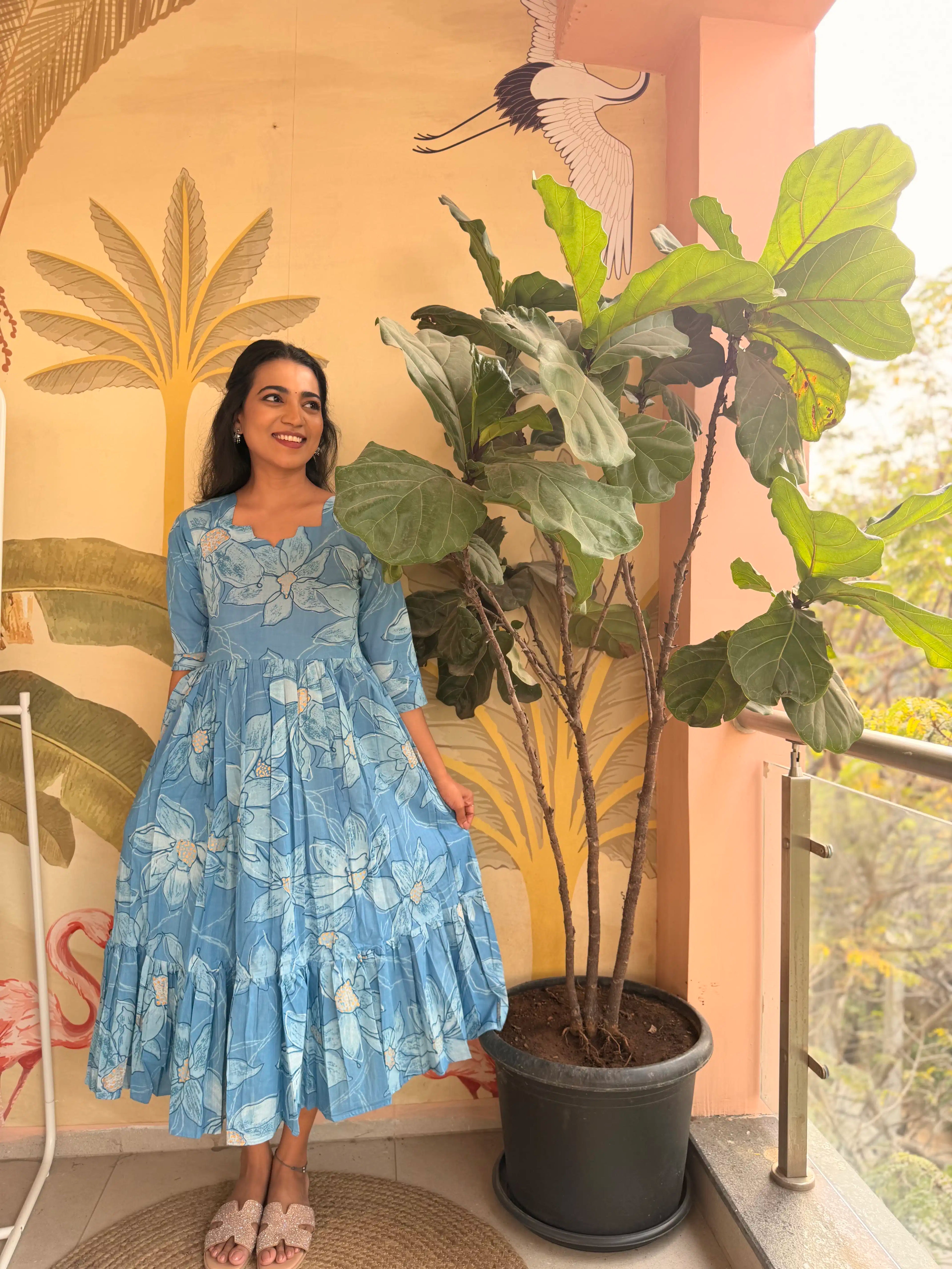 SC222 – Blue Printed Cotton Casual Frock