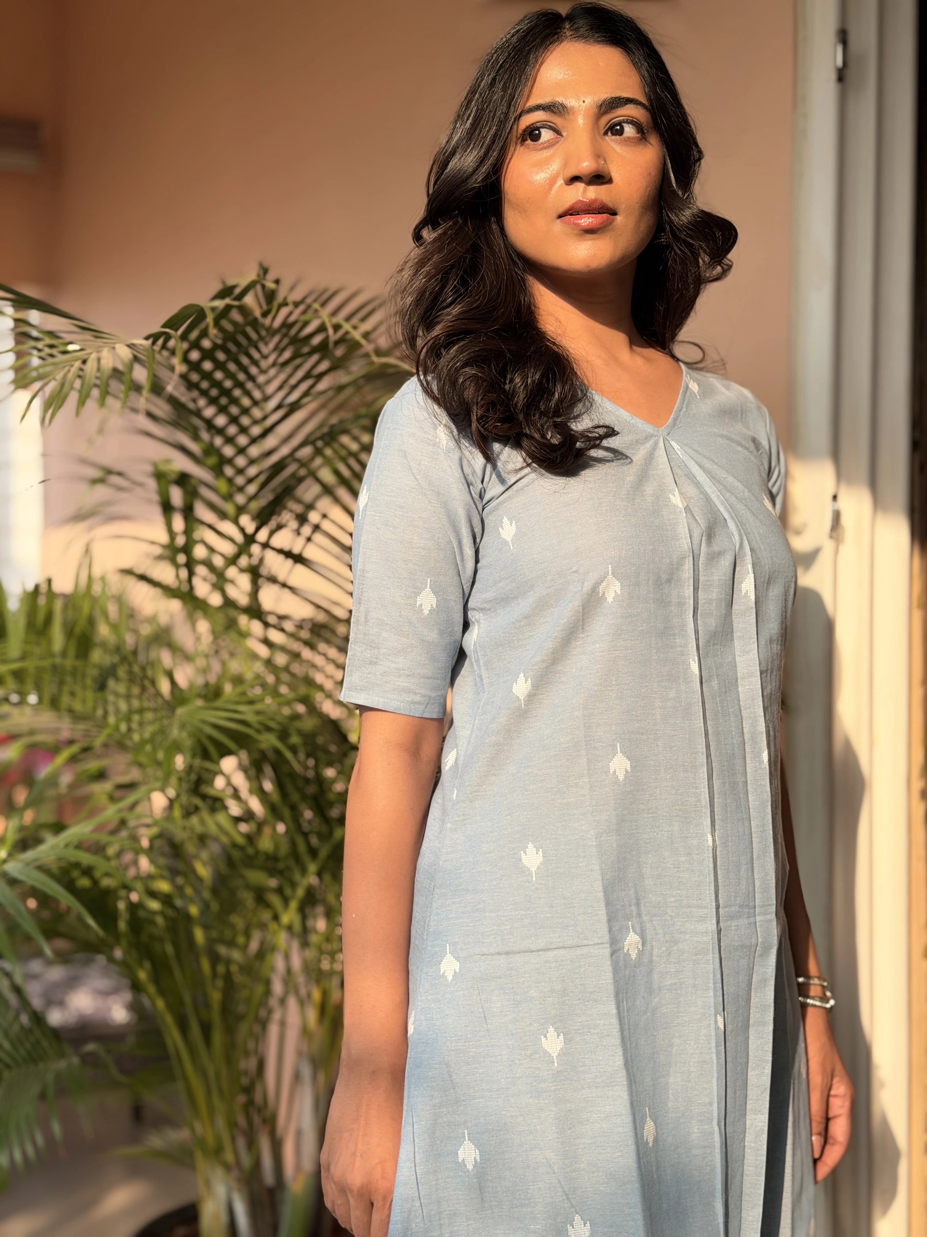 SC511 – Light Blue Embroidered Linen Casual Kurti Set
