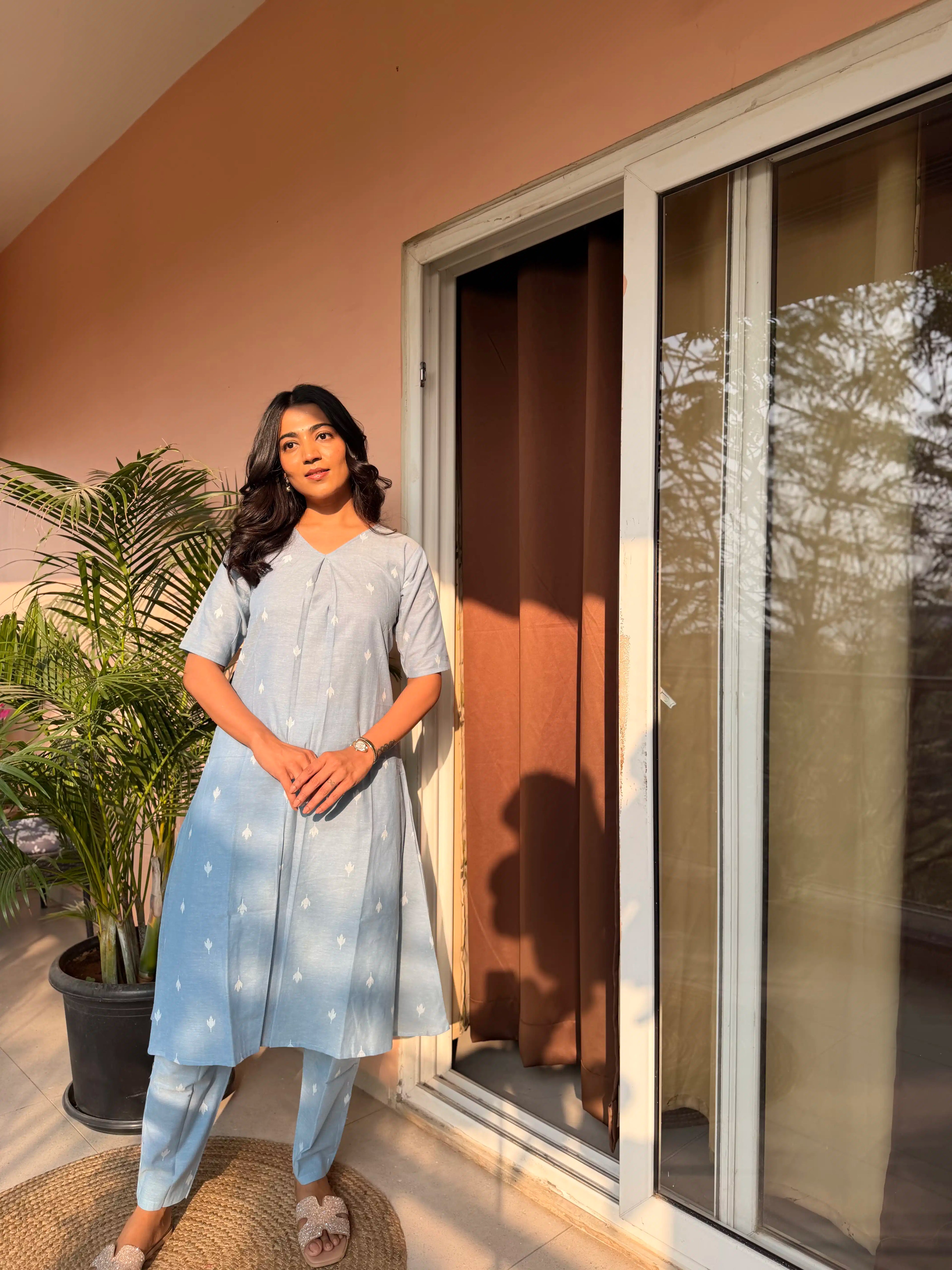 SC511 – Light Blue Embroidered Linen Casual Kurti Set