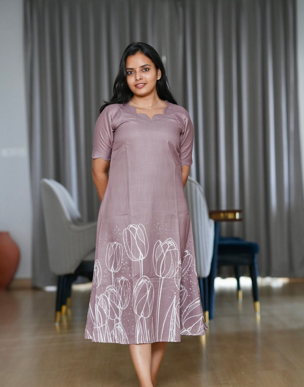 SC107 - Brown floral  Printed Linen Dress