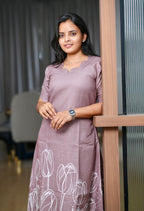 SC107 - Brown floral  Printed Linen Dress