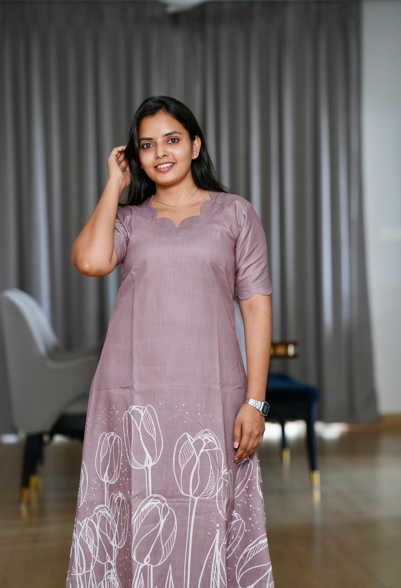 SC107 - Brown floral  Printed Linen Dress