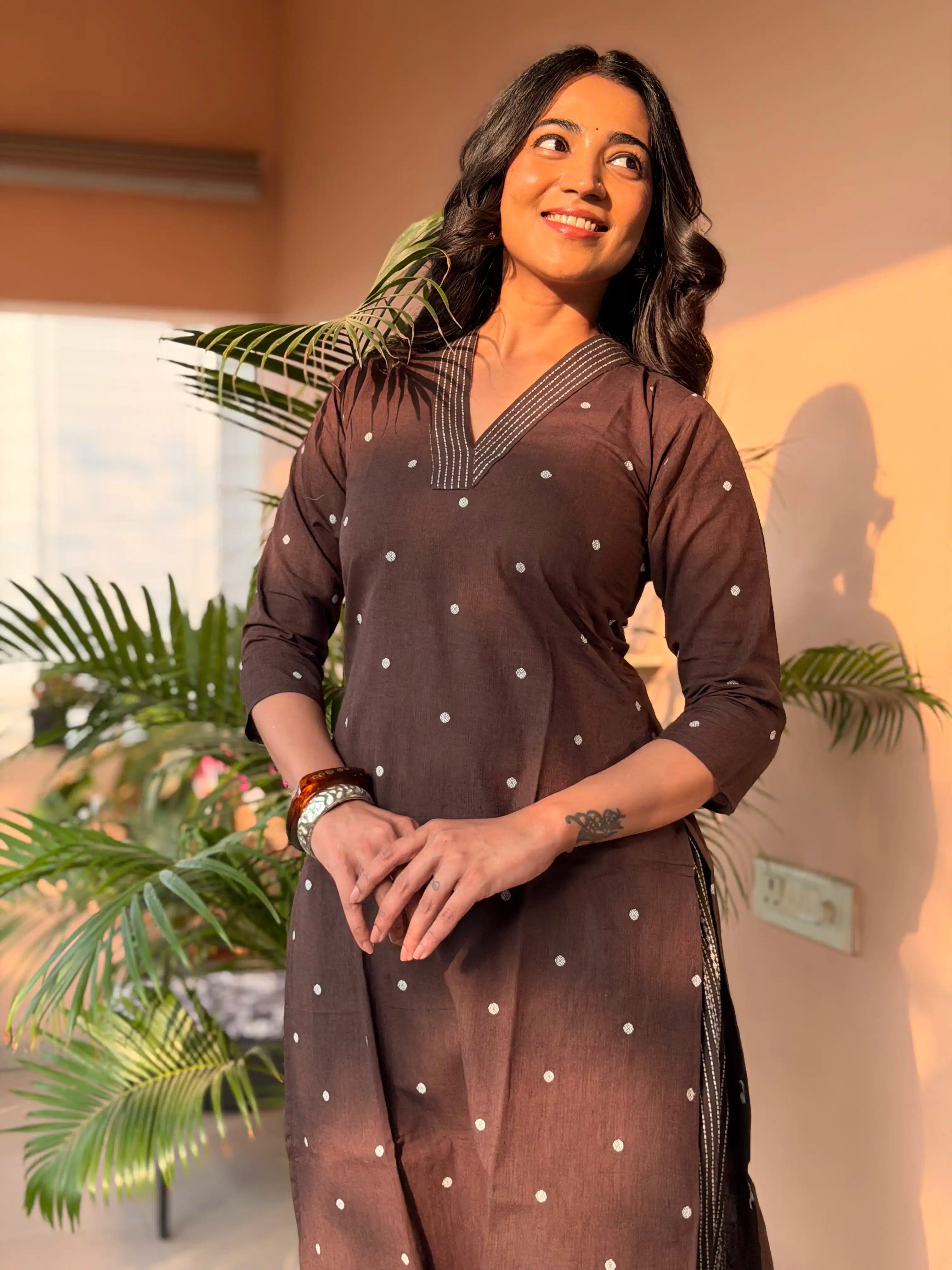 SC512 – Chocolate Brown Printed Linen Casual Kurti Set