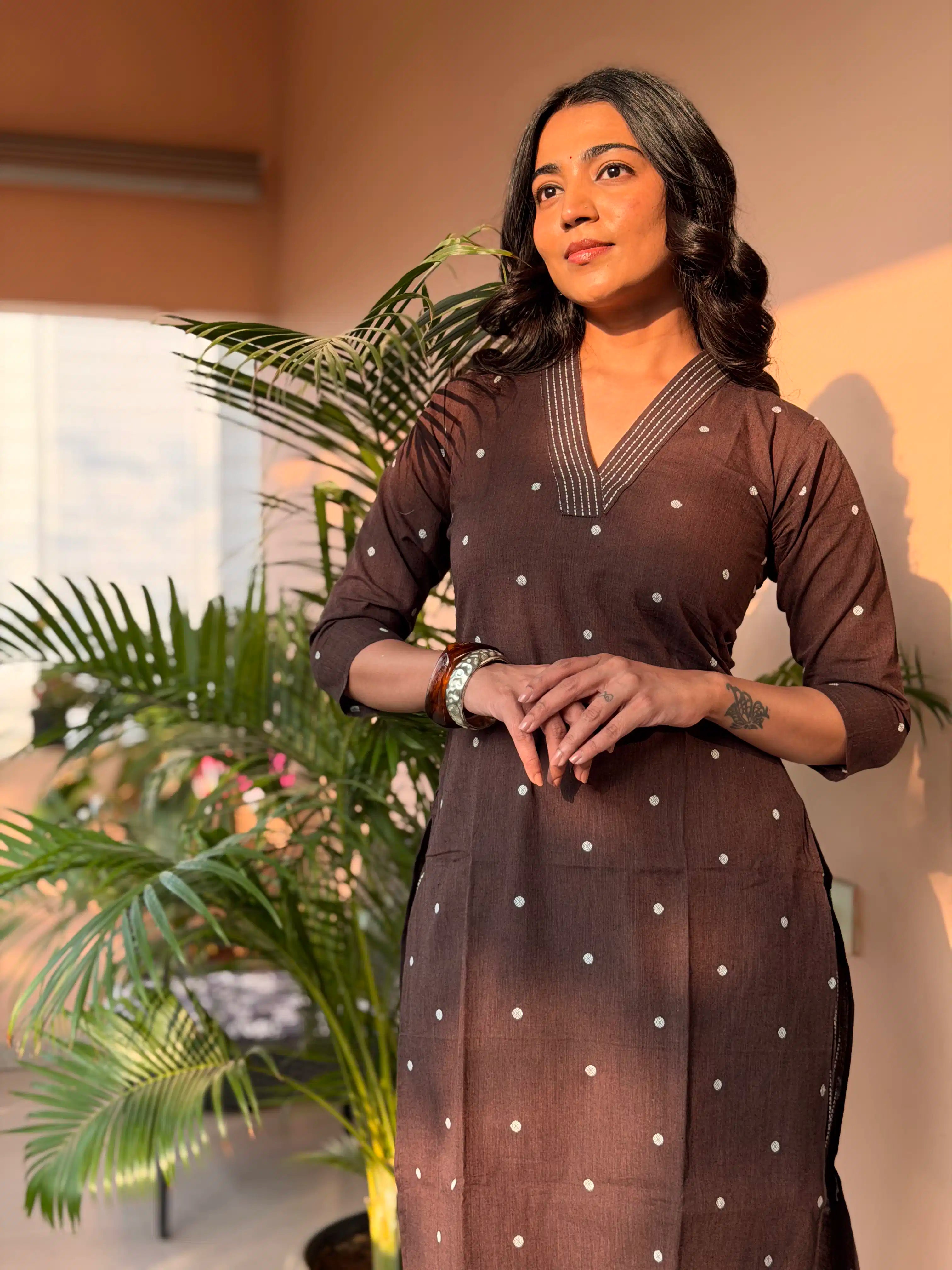 SC512 – Chocolate Brown Printed Linen Casual Kurti Set