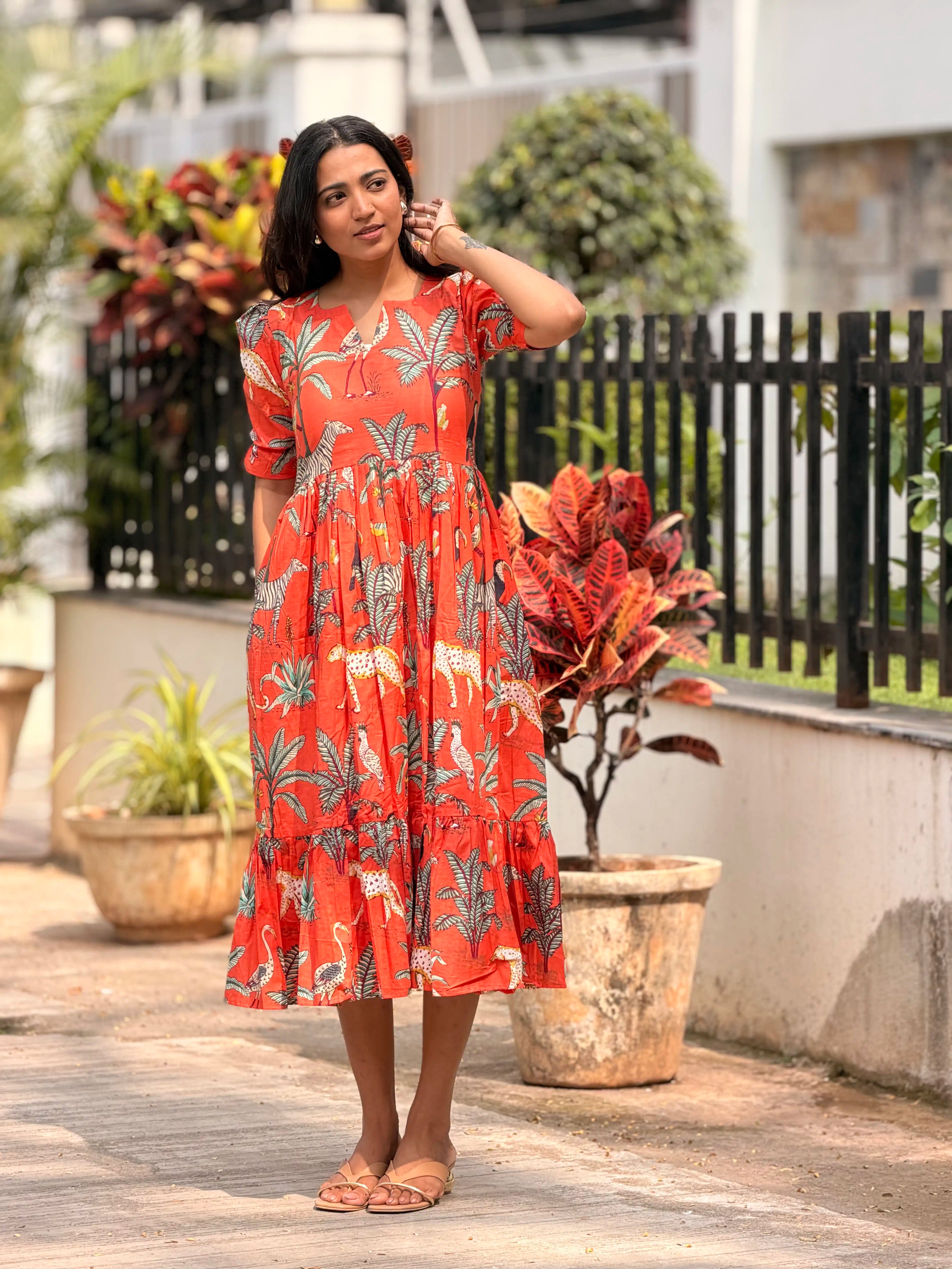 SC225 – Orange Floral Printed Cotton Frock