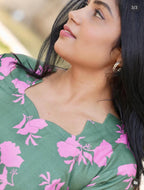 SC208 – Green Floral Printed Linen Dress