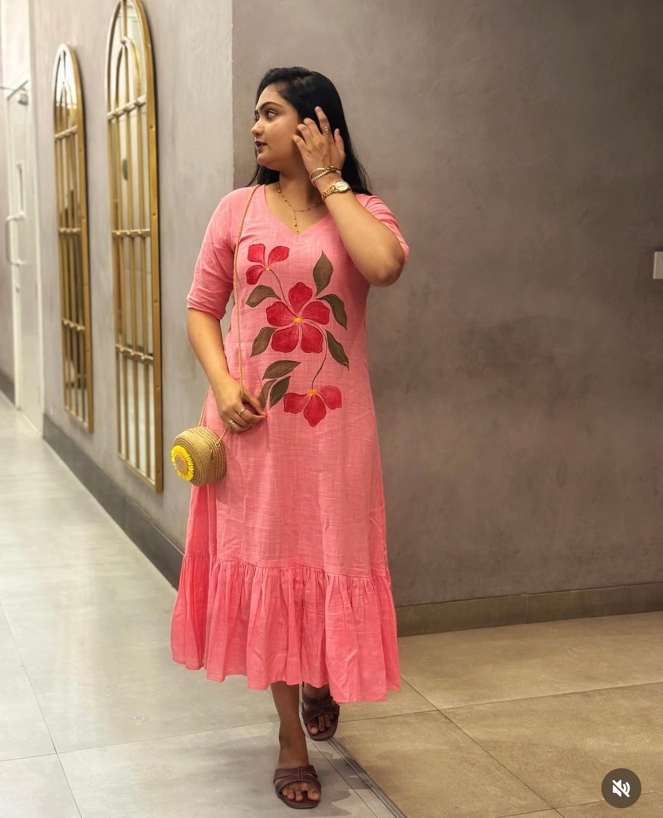 SC102- Peach Hand painted  Cotton Frock