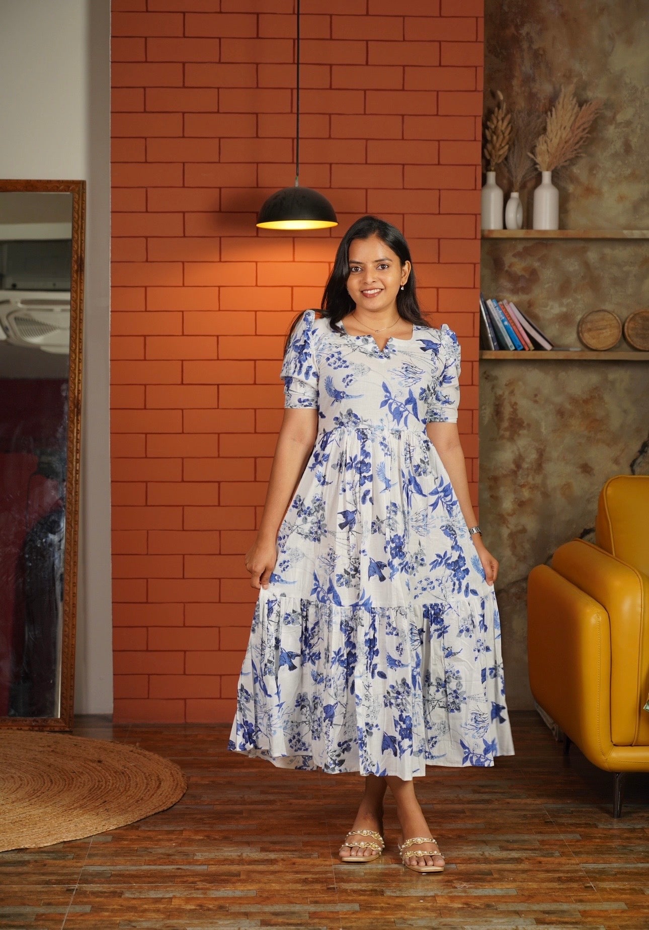 SC104- White & Blue Floral Print Midi Dress