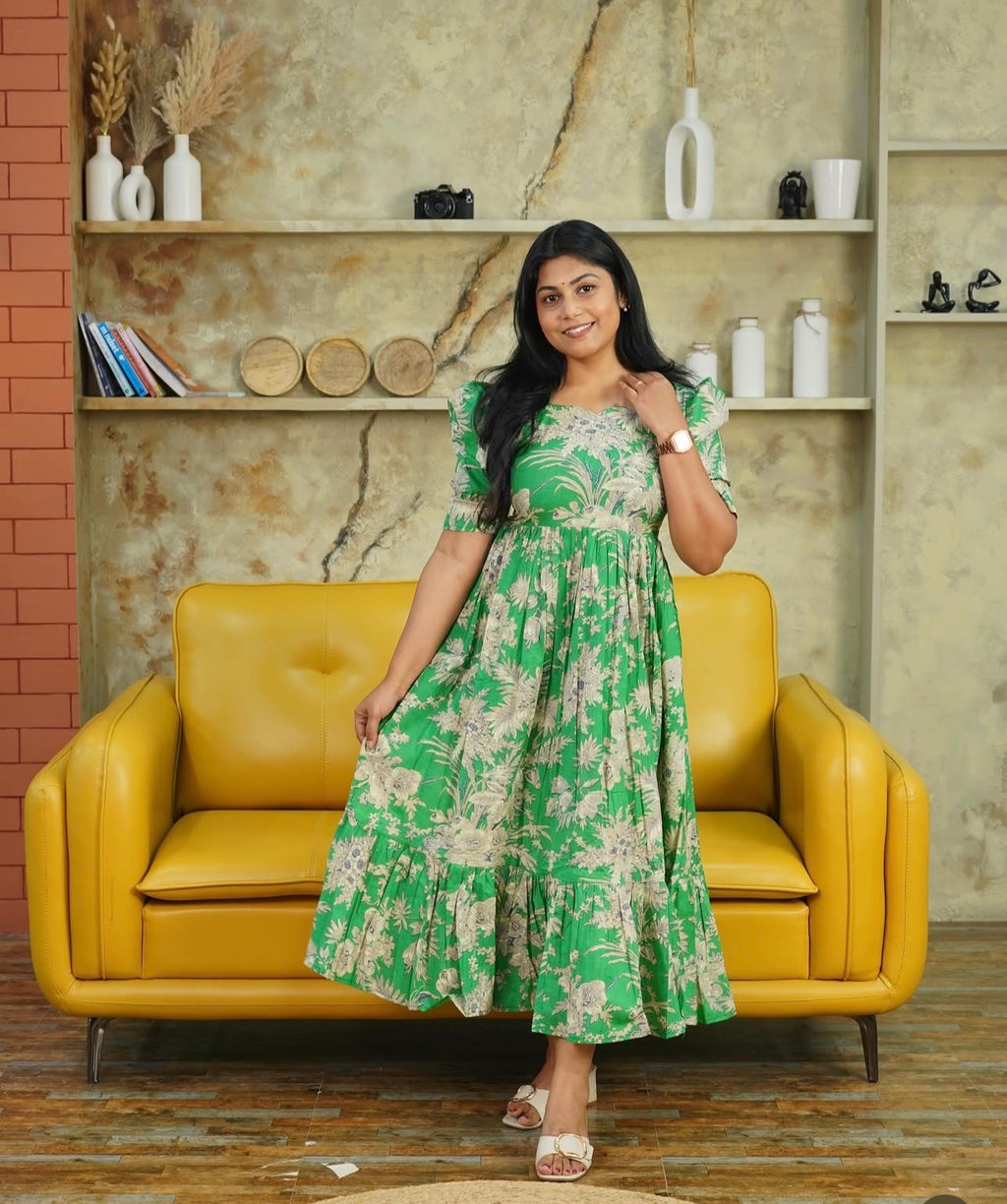 SC105- Green Abstract Print Midi Dress