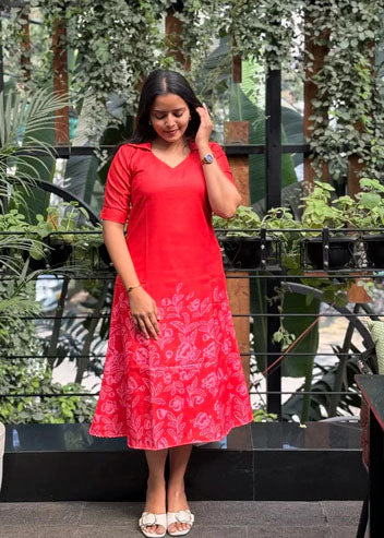 strapless open back dress Red Floral Printed Linen Dress for Women