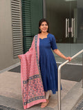 SC412- Navy Blue Cotton Anarkali Set with Block Print Dupatta