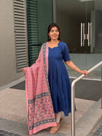 SC412- Navy Blue Cotton Anarkali Set with Block Print Dupatta