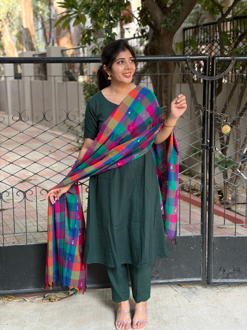 SC414- Bottle Green Cotton Set with Madras kattam Dupatta