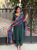 SC414- Bottle Green Cotton Set with Madras kattam Dupatta