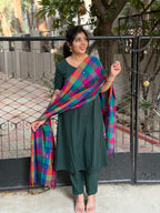 SC414- Bottle Green Cotton Set with Madras kattam Dupatta