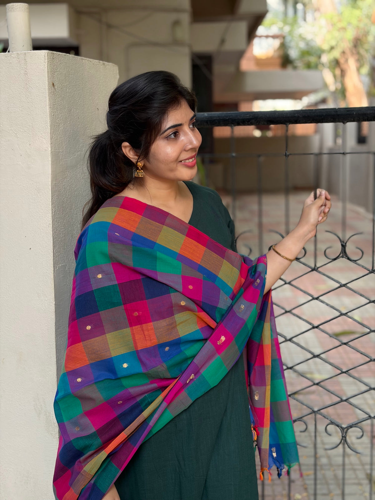 SC414- Bottle Green Cotton Set with Madras kattam Dupatta